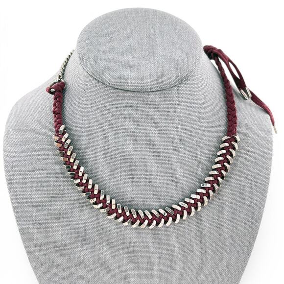 Giles and Brother Tiny Hex Braided Choker Necklace Burgundy Silver Tone - Picture 1 of 5